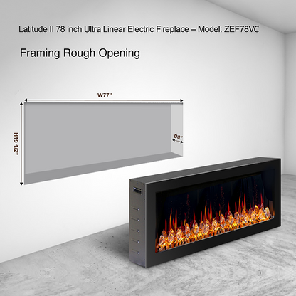 Litedeer Latitude II 78" Vent-Free Seamless Push-In Electric Fireplace with Acrylic Crushed Ice Rocks ZEF78VC