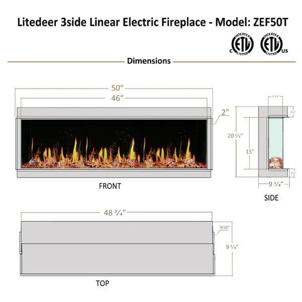 Litedeer Homes WarmCastle 50" 3-Side Smart Control Electric Fireplace With Crystal Media, Pre-order Only - ZEF50T