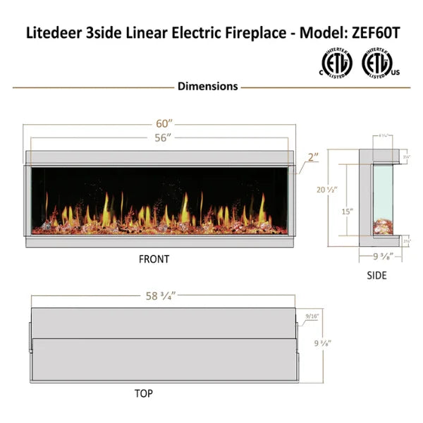 Litedeer Homes WarmCastle 60" 3-Side Smart Control Electric Fireplace With Crystal Media, Pre-order Only - ZEF60T