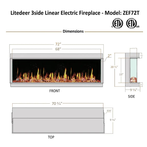 Litedeer Homes WarmCastle 72" 3-Side Smart Control Electric Fireplace With Crystal Media, Pre-order Only - ZEF72T