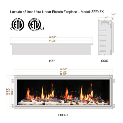 Litedeer Homes Latitude 45" Black Ultra Slim Built-in Linear Smart Electric Fireplace With Driftwood Log & River Rock - ZEF45X